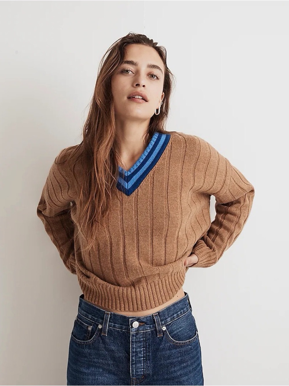 Madewell (like-new) Tipped V-Neck Oversized Wool Blend Sweater- L Heather Camel